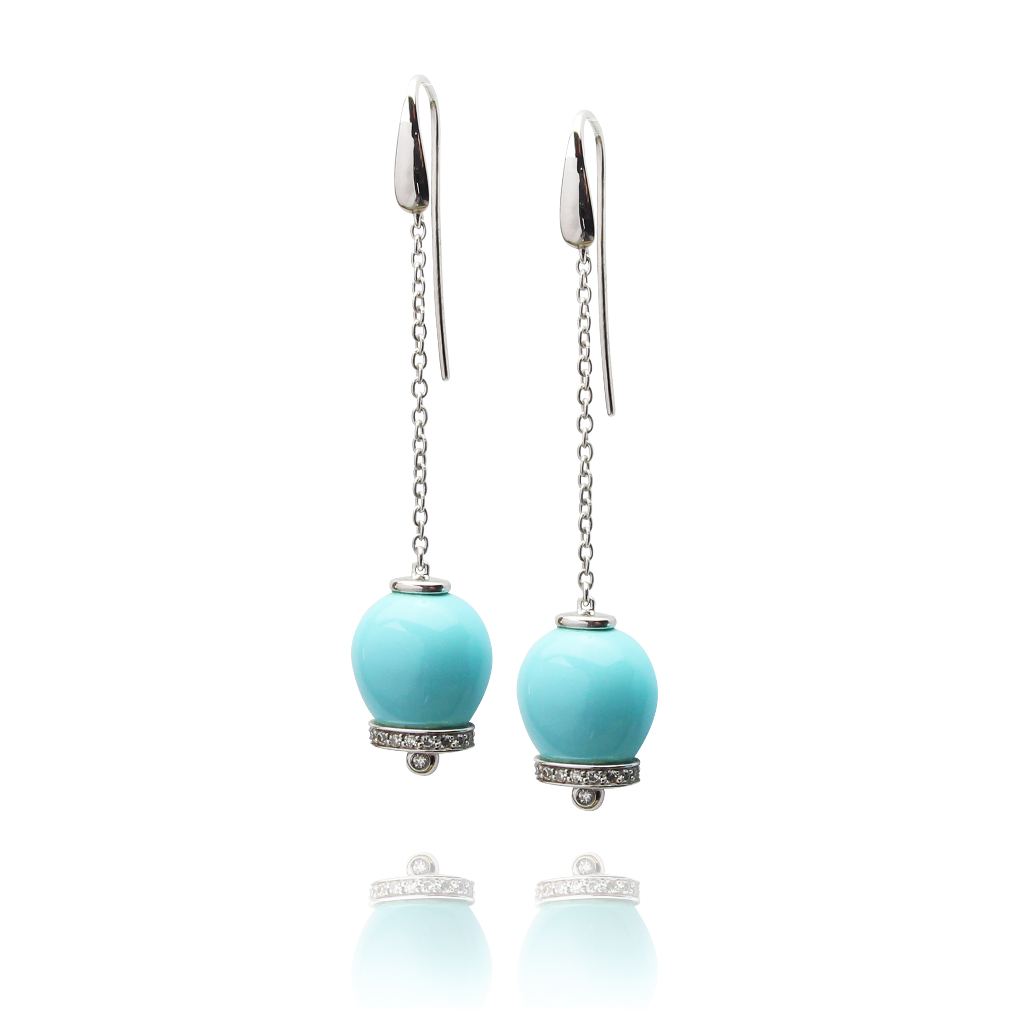 earrings campanelle in white gold 18 carat turquoise reconstructed and diamonds